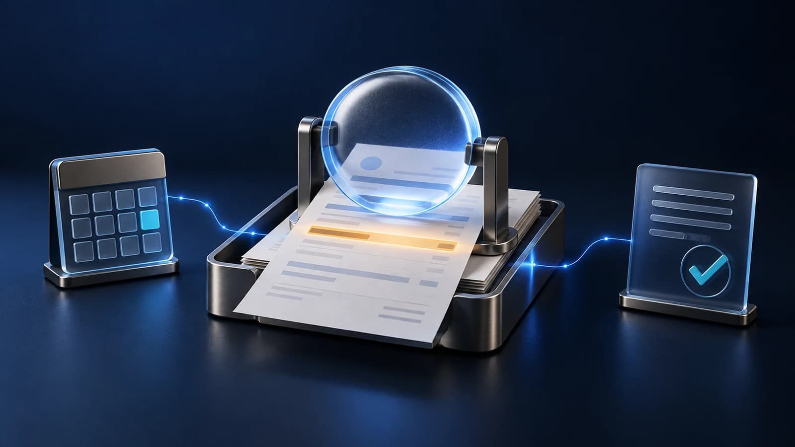 A blue glass magnifying lens highlights an invoice line beside a stack of documents and a calculator